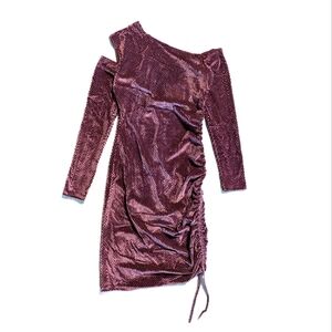 Long sleeve asymmetrical purple velvet shimmering midi bodycon dress